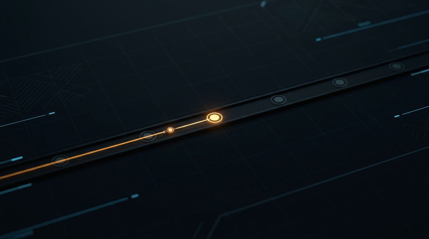 A single amber thread carrying a spoken promise onto a dark timeline that lights one node at the right moment