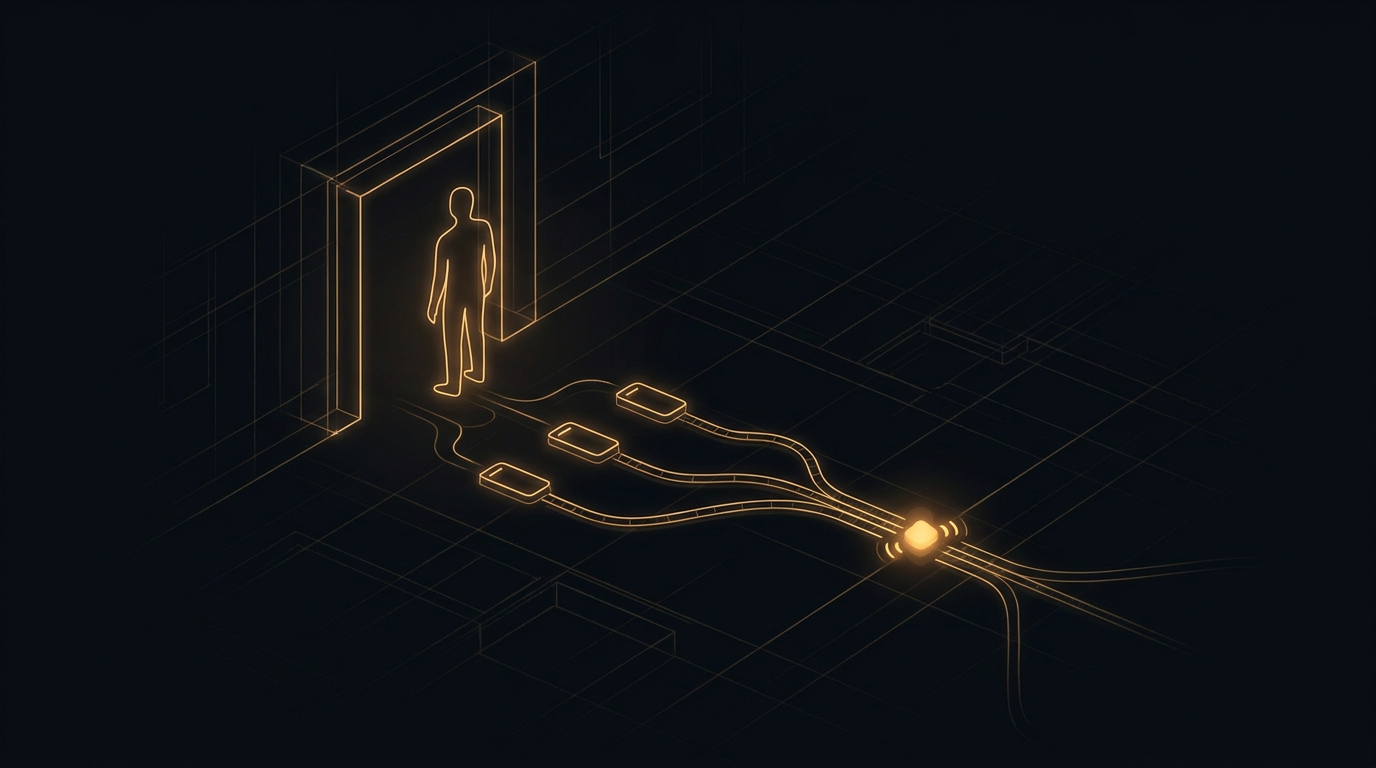 A dark charcoal dealership showroom at dawn rendered in amber line-light, a single customer figure at the entrance turning into three small glowing capture fields that flow toward one bright saved-lead node, showing a walk-in becoming a stored lead in the moment of the greeting