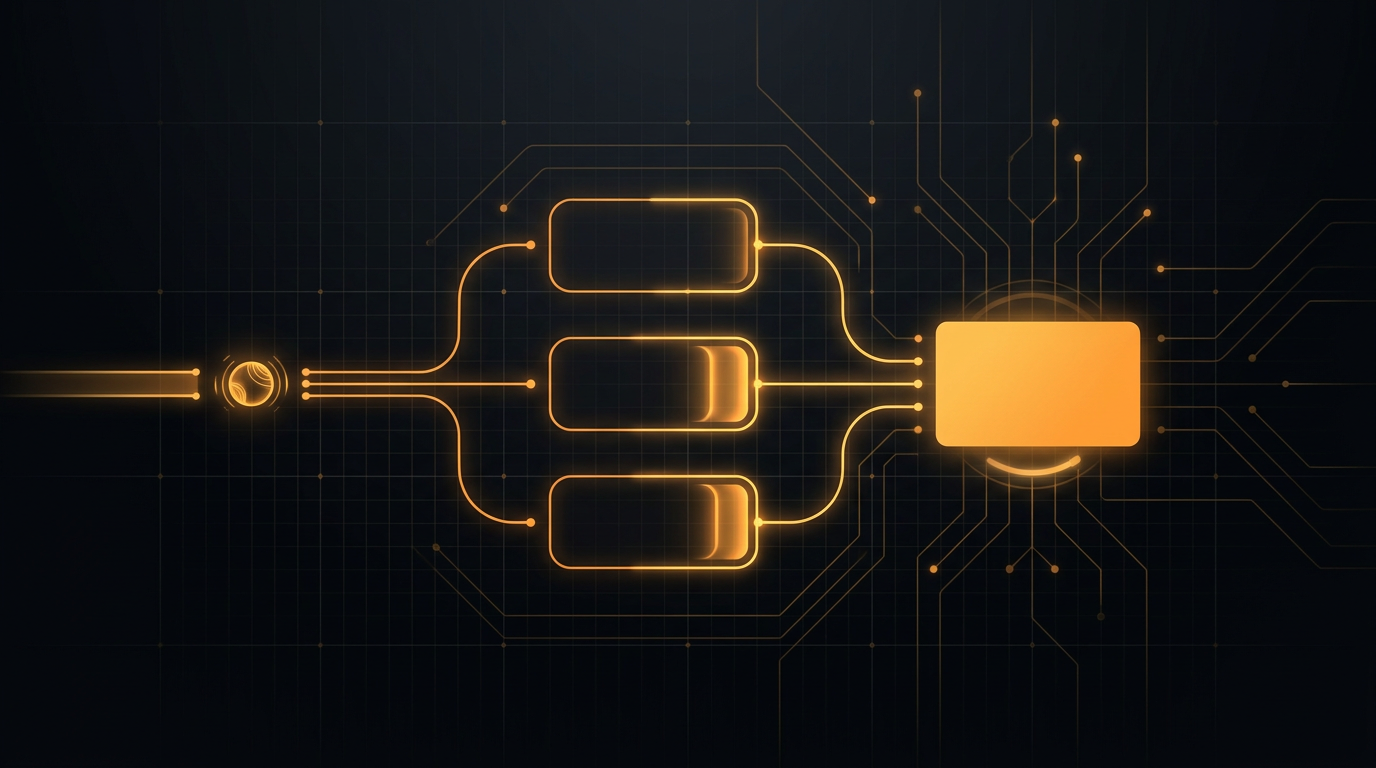 A dark switchboard of amber light showing a spoken note entering on one rail and splitting into three labeled field slots that fill in, then merging into a single saved record with a small confirmation glow beneath it, representing a voice note becoming a verified lead