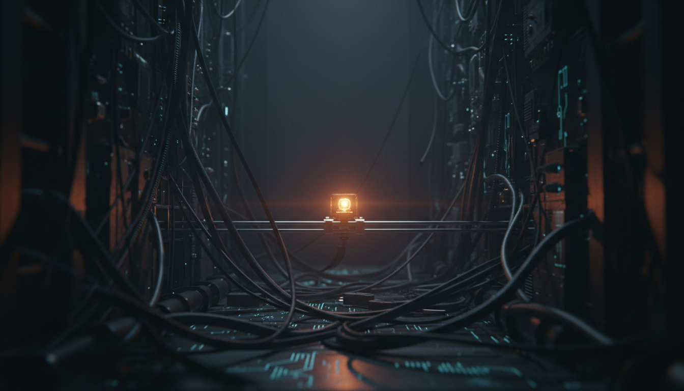 A dim cluttered scene of cables and circuits with one small amber node flaring to life in the narrow gap between two busy zones