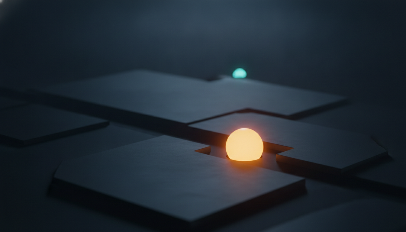 A dark angular surface where a single bright amber orb of light settles into a small dock, a confirmation bloom marking the note as landed, one faint cyan point flickering behind it