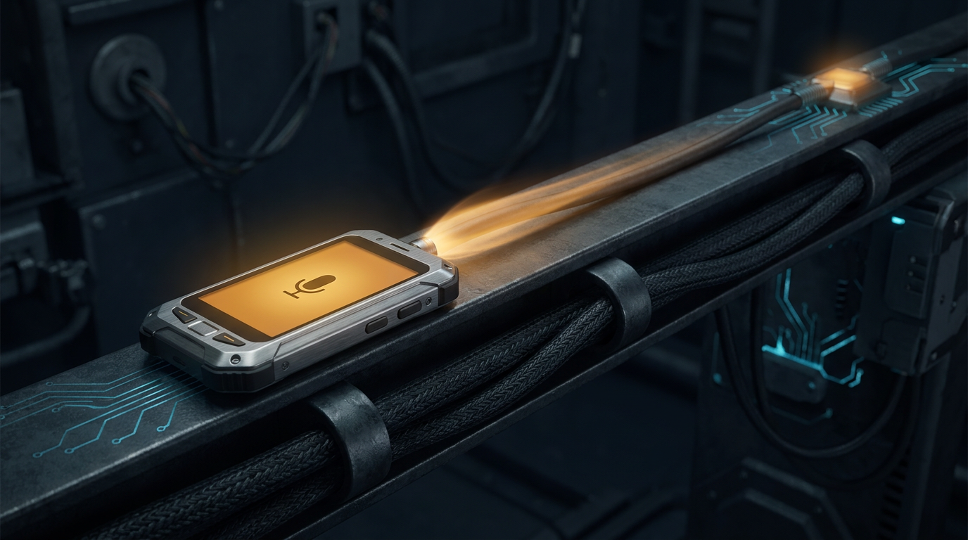 A phone on a dark rail glowing amber, a spoken note traveling as a beam of light toward a lit destination node