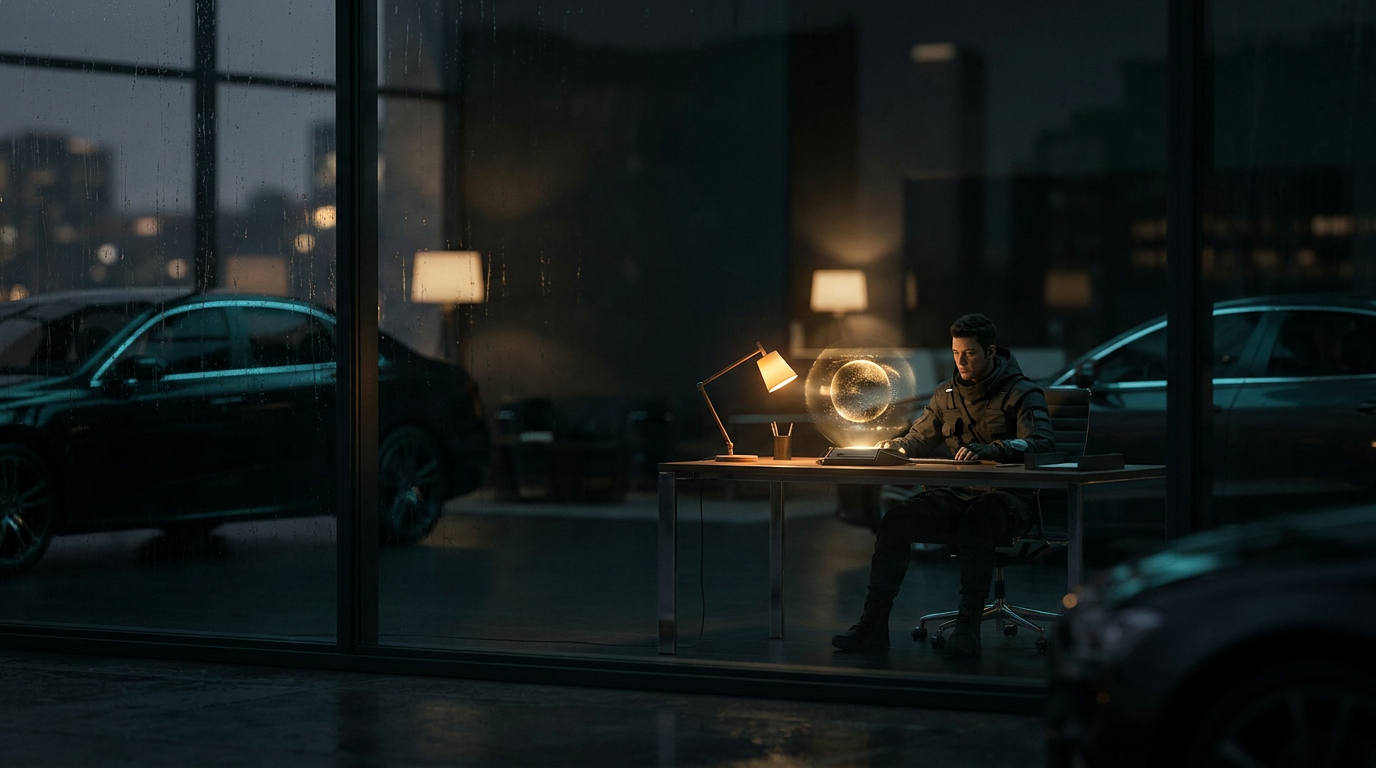 A dealership showroom at dusk with a faint amber AI node glowing near a desk