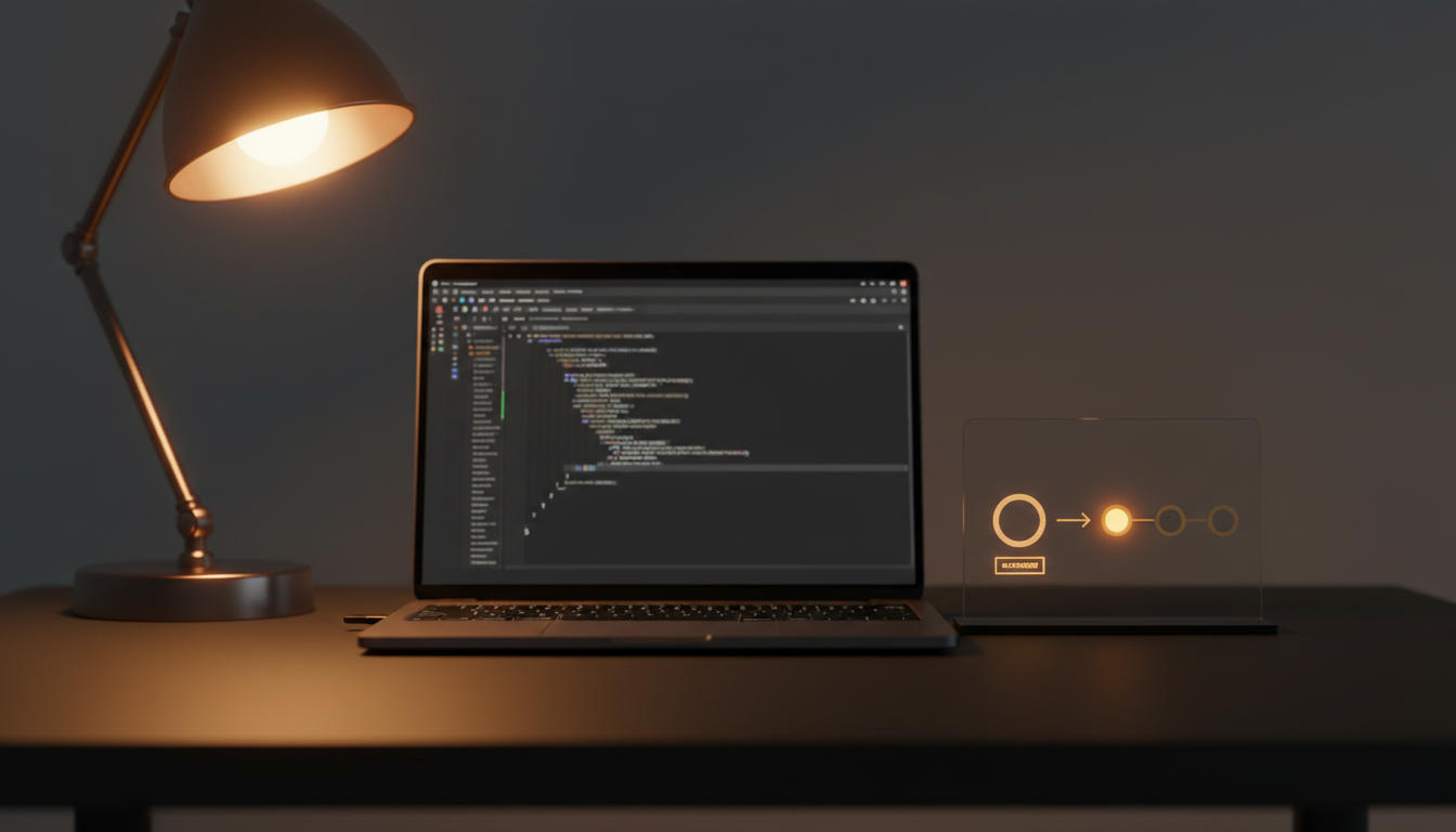 A dark charcoal desk at dawn with an amber routing diagram in light, one input node addressed to a single bright destination node while two dim destination nodes sit unselected, showing one note delivered to exactly one correct place