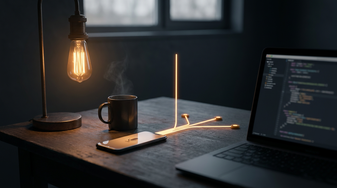 One amber signal rail rising off a phone on a dark home desk and splitting into three glowing rails that each land on a separate destination node, like a switchboard delivering one message to the correct lane
