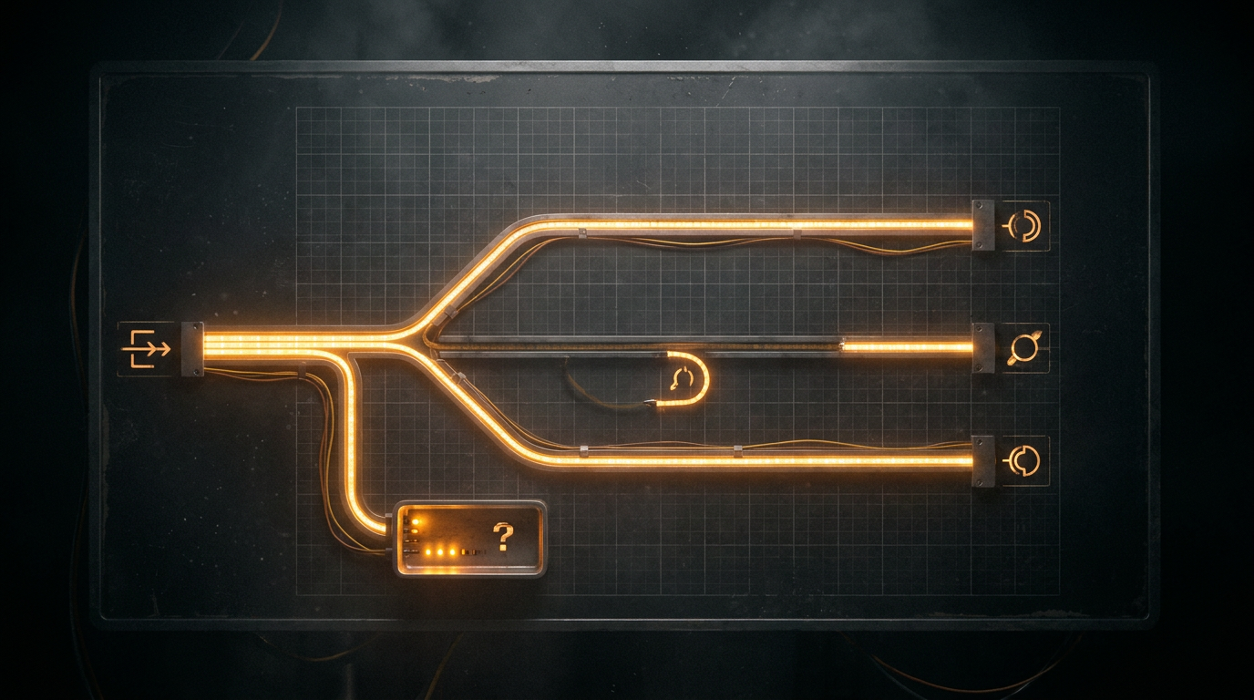 A dark switchboard made of light, one amber input rail branching at a decision junction into three lit destination lanes with one dimmed lane flagged as uncertain looping back to a small review tray