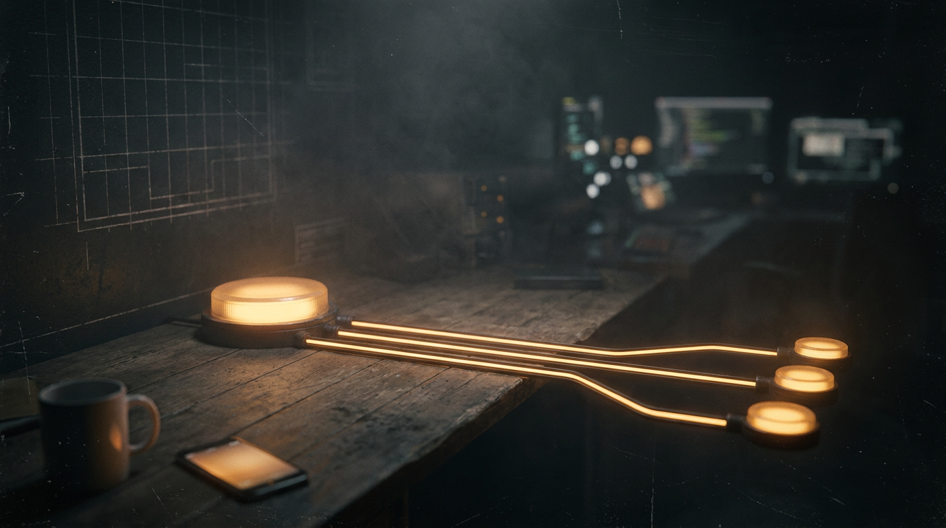One amber signal node splitting along three glowing rails into three separate destination nodes on a dark desk, like a switchboard routing one message to the correct lane