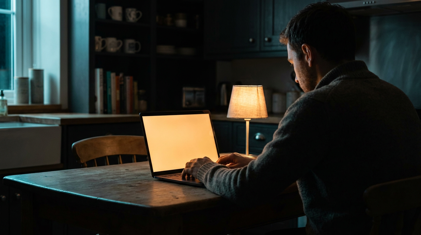 A laptop glowing warm amber on a kitchen table late at night