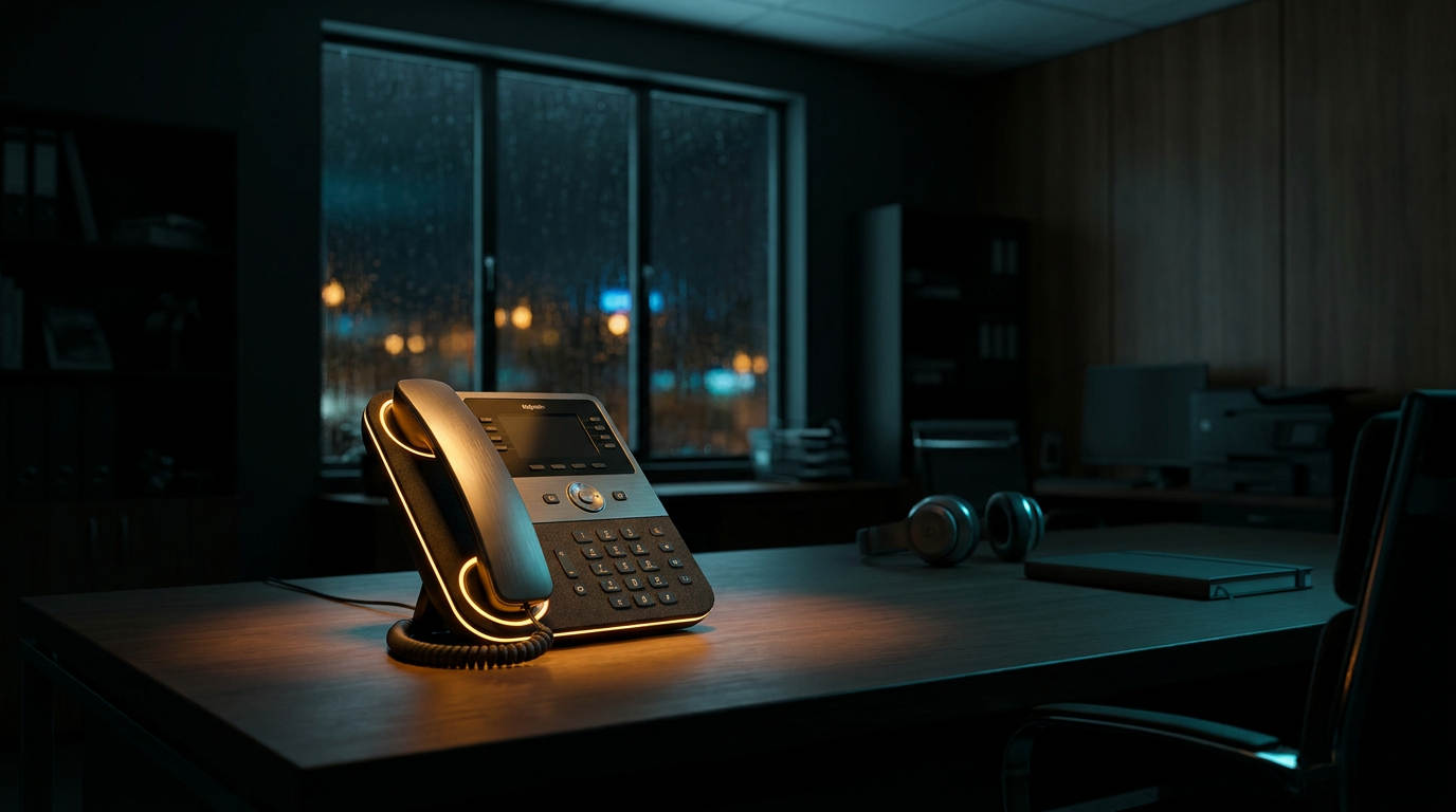 A dark office after hours, a desk phone ringed with soft amber light