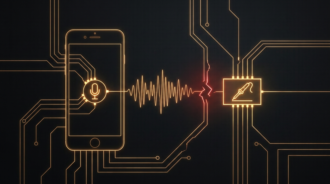 A dark charcoal home desk at dawn rendered in amber line-light, a phone with a single glowing microphone node, an amber sound wave leaving it and hitting a broken gap in the circuit that flares red, then an amber patch closing the gap, representing the microphone and recording layer failing and being fixed before anything else