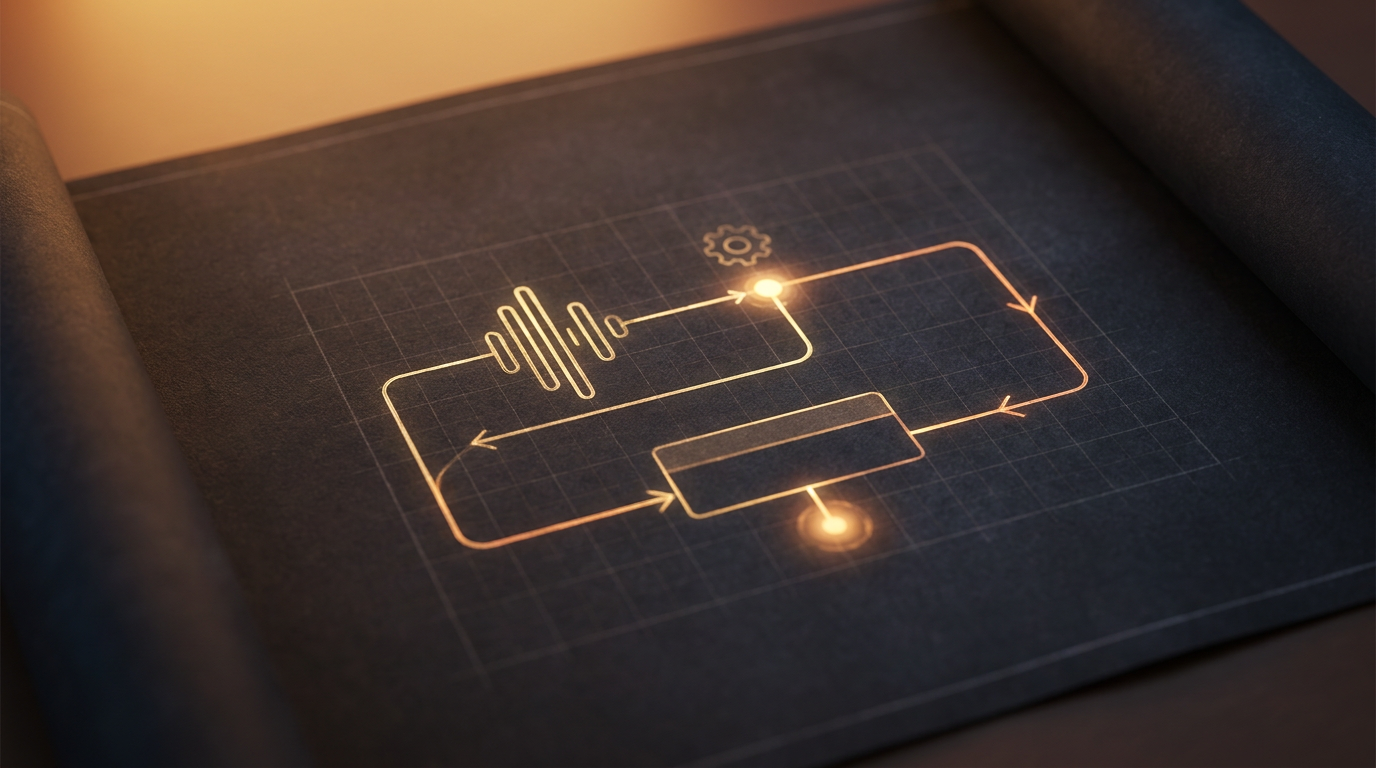 A dark amber switchboard where a spoken note travels along a rail and reaches a save node that lights green, then a second return rail reads the record back out and a small confirmation glow appears beneath it, while a faint parallel path shows a save that flared red and was caught and retried, representing verify-before-trust