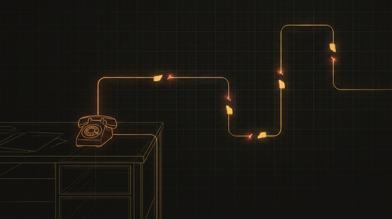 An amber signal trying to travel from a phone on a dark home desk at dawn along a circuit path, hitting four small broken gaps in the line where each one glows red before an amber patch closes it, showing the boring plumbing failures of a first voice agent getting fixed one at a time