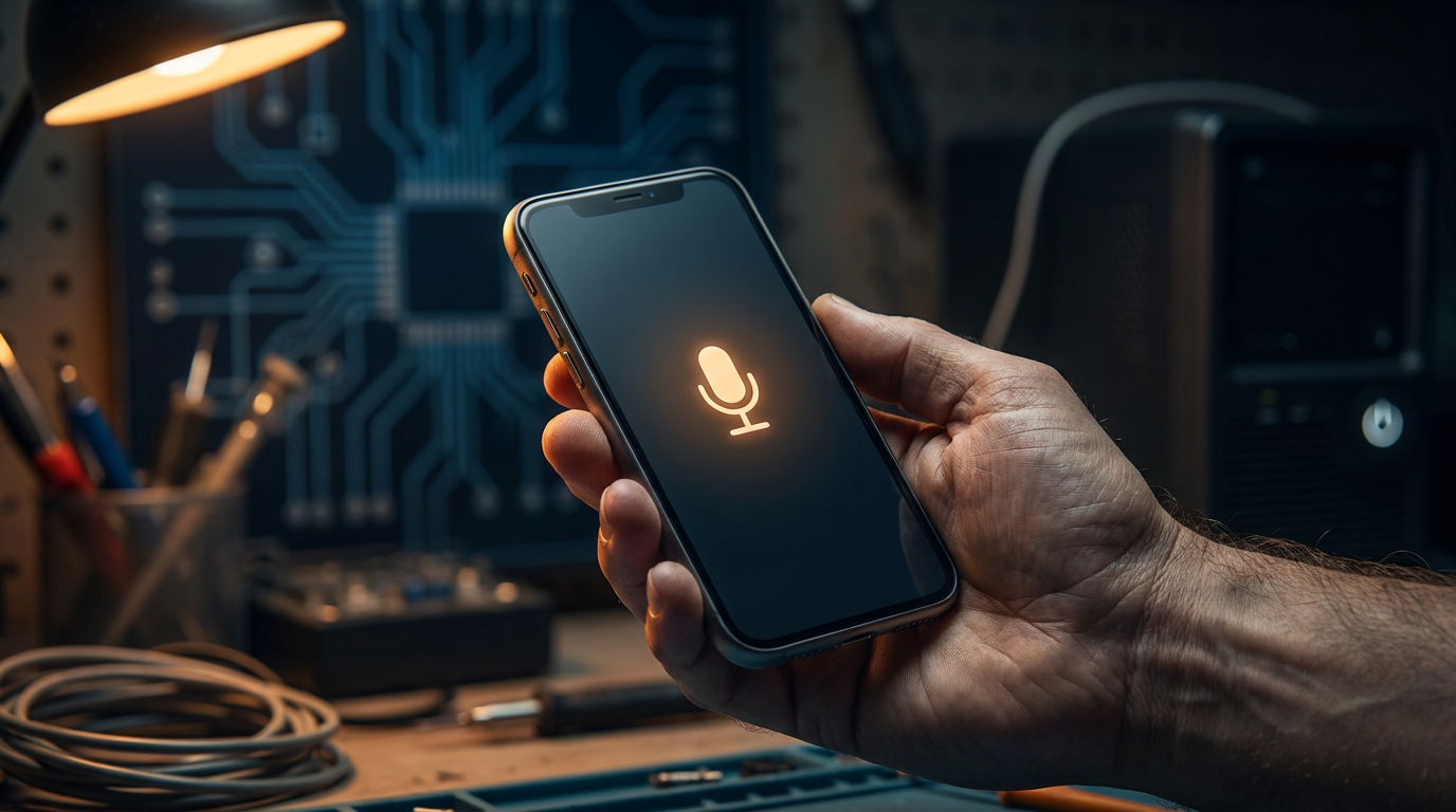 A hand holding a phone in a dim workspace, a soft amber microphone node glowing on the screen