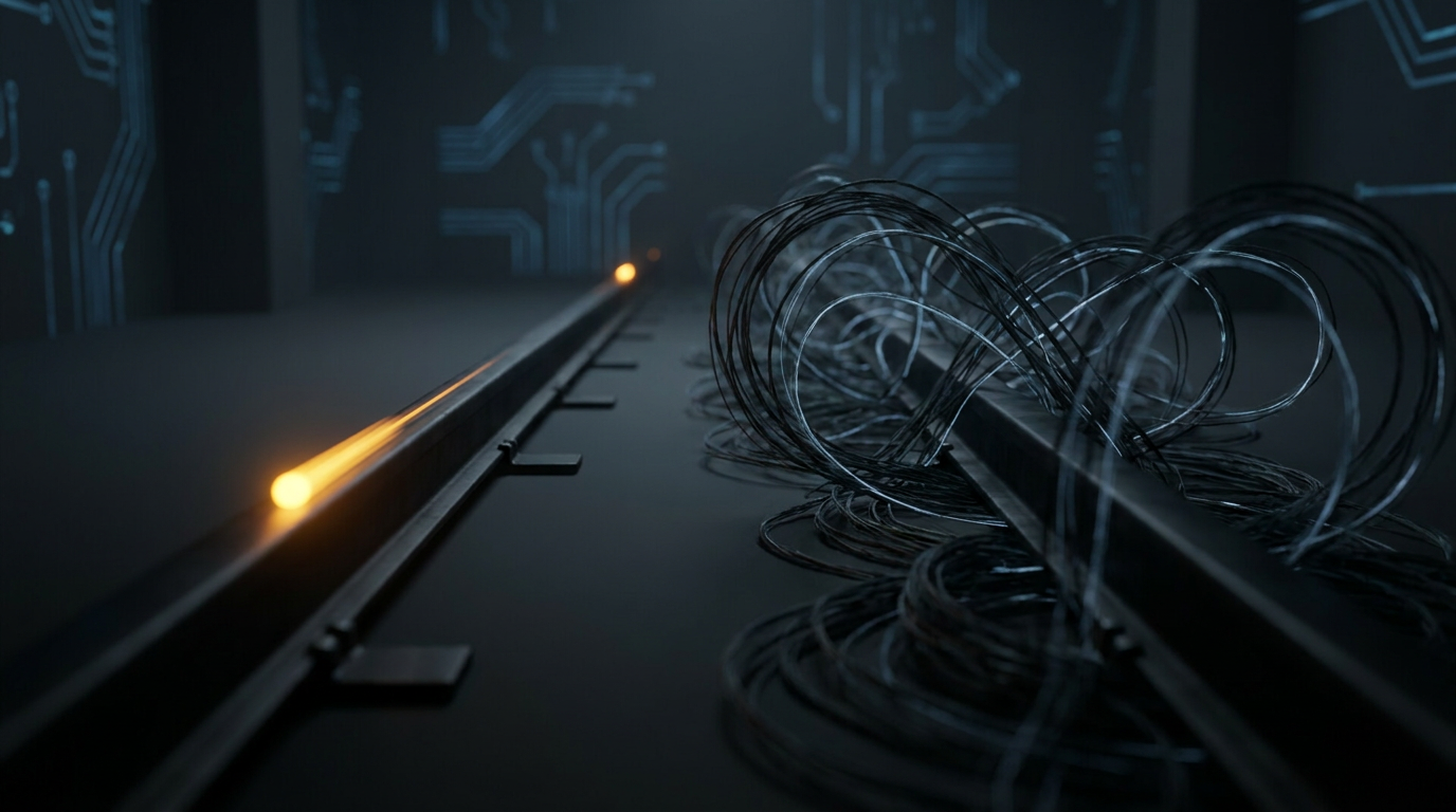 Two dark rails: the left lit by a single fast amber flag node, the right a dim tangle of looping conversational threads going nowhere