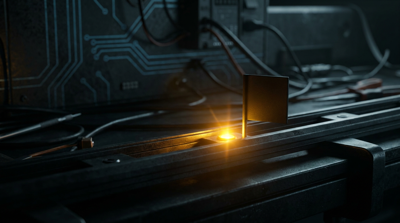 A single amber signal node flaring on a dark rail with a small flag marker rising from it
