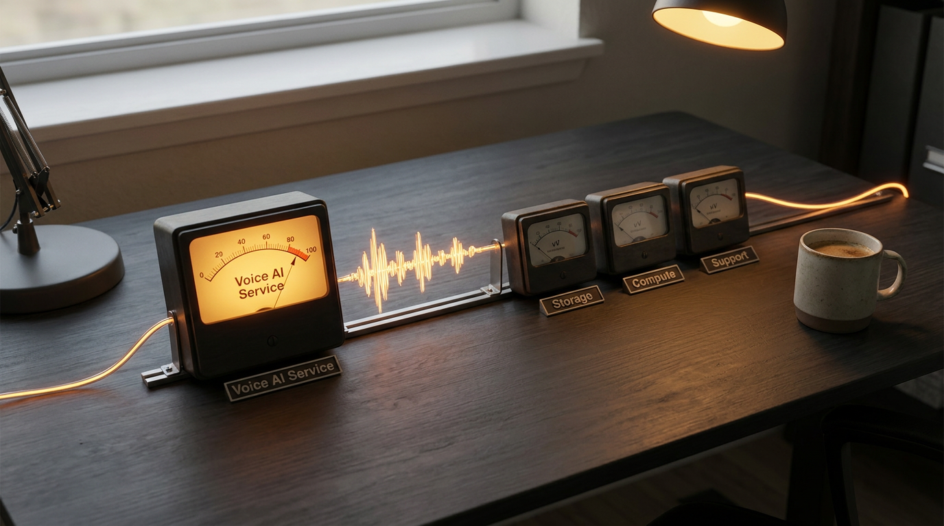 A dark charcoal home desk at dawn in amber line-light, a single spoken-note signal traveling along a rail through four small labeled cost meters of different sizes, one meter glowing much larger than the rest to show a single dominant line item while the others stay small and dim, representing a voice-flag agent's monthly cost as separate line items rather than one number