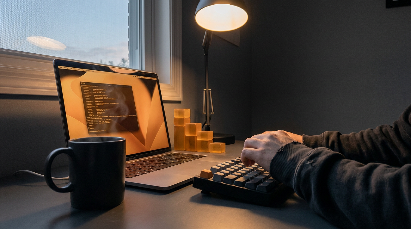 A 6:40am home desk at dawn in amber line-light, a coffee mug beside a laptop terminal showing abstract code with no readable text, and a small stack of amber cost-line bars at different heights representing a monthly agent bill broken into separate line items instead of one number