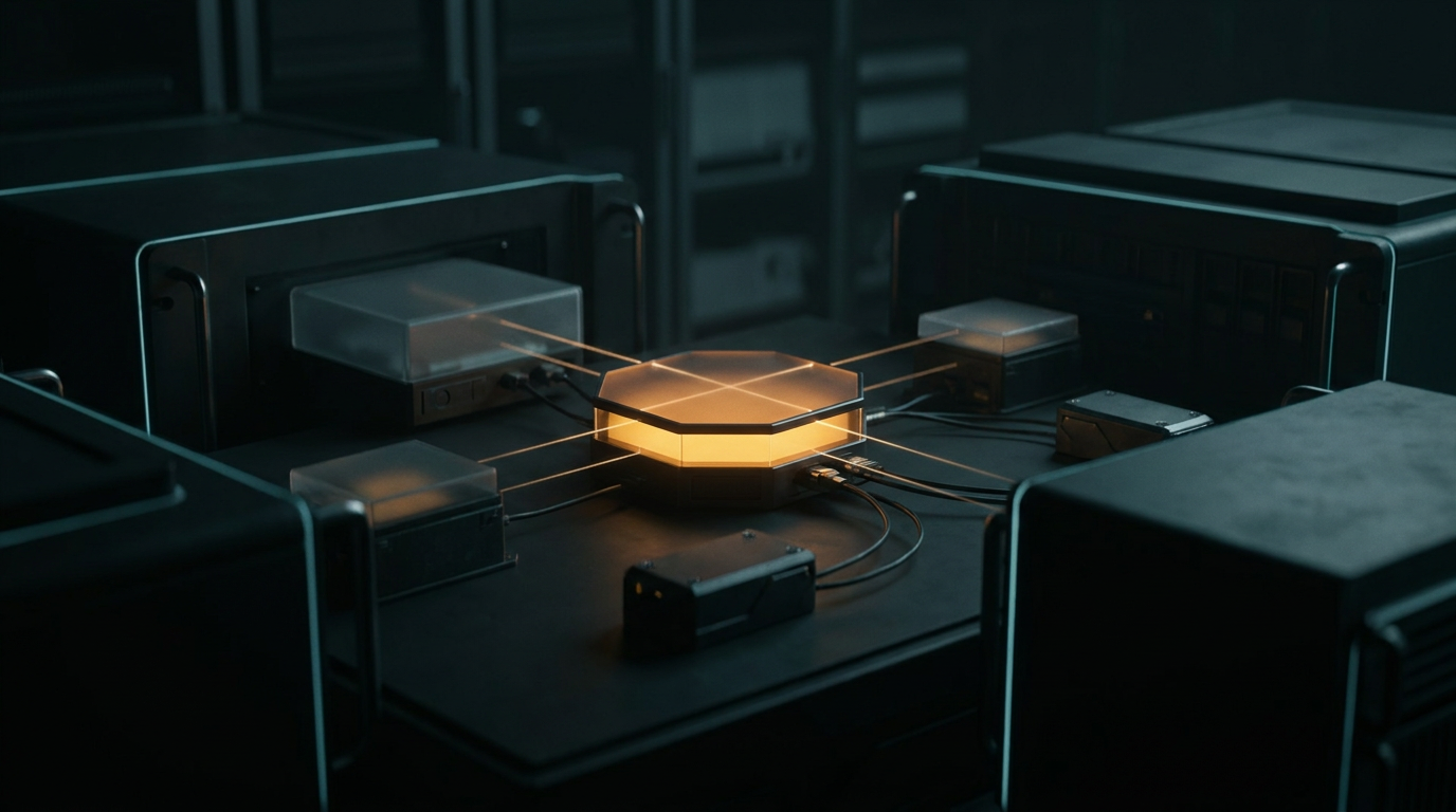 A central amber hub wired by beams of light to the nodes around it